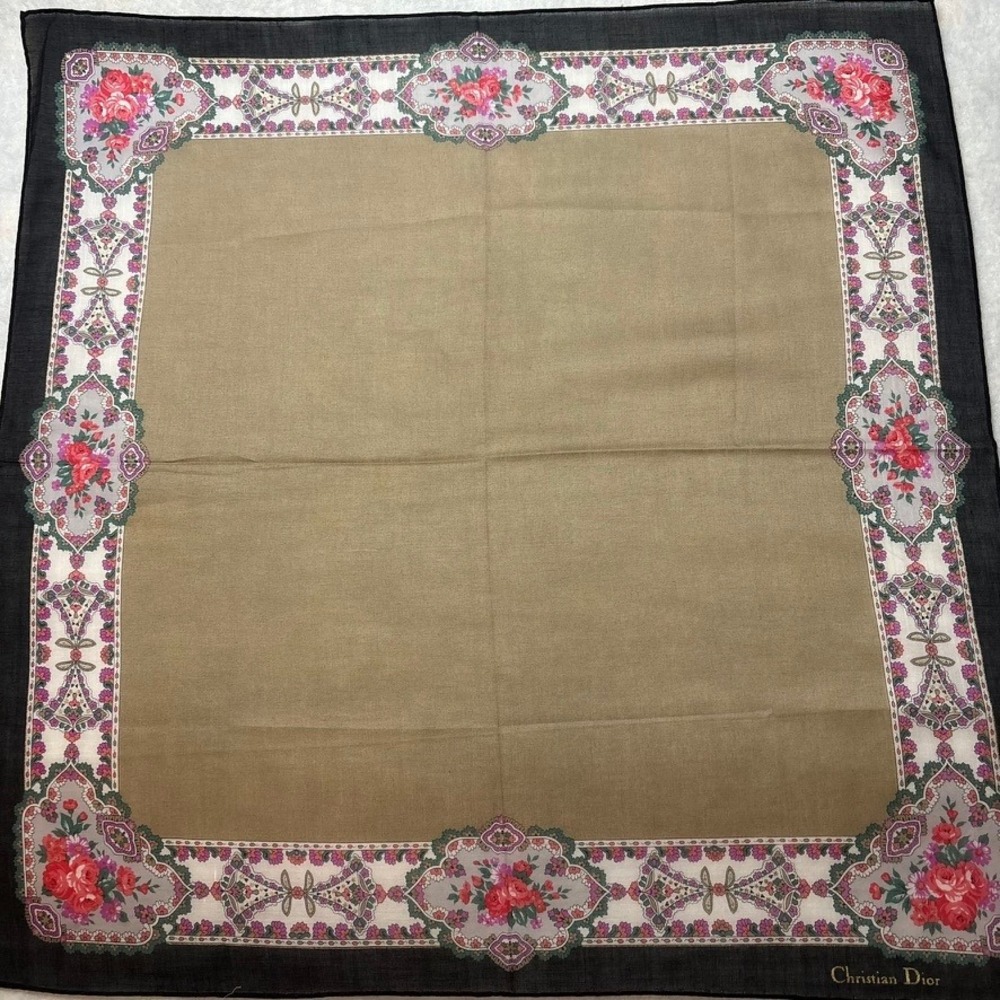 Vtg CHRISTIAN DIOR Scarf Handkerchief Floral Cotton Tan Black 18.5"